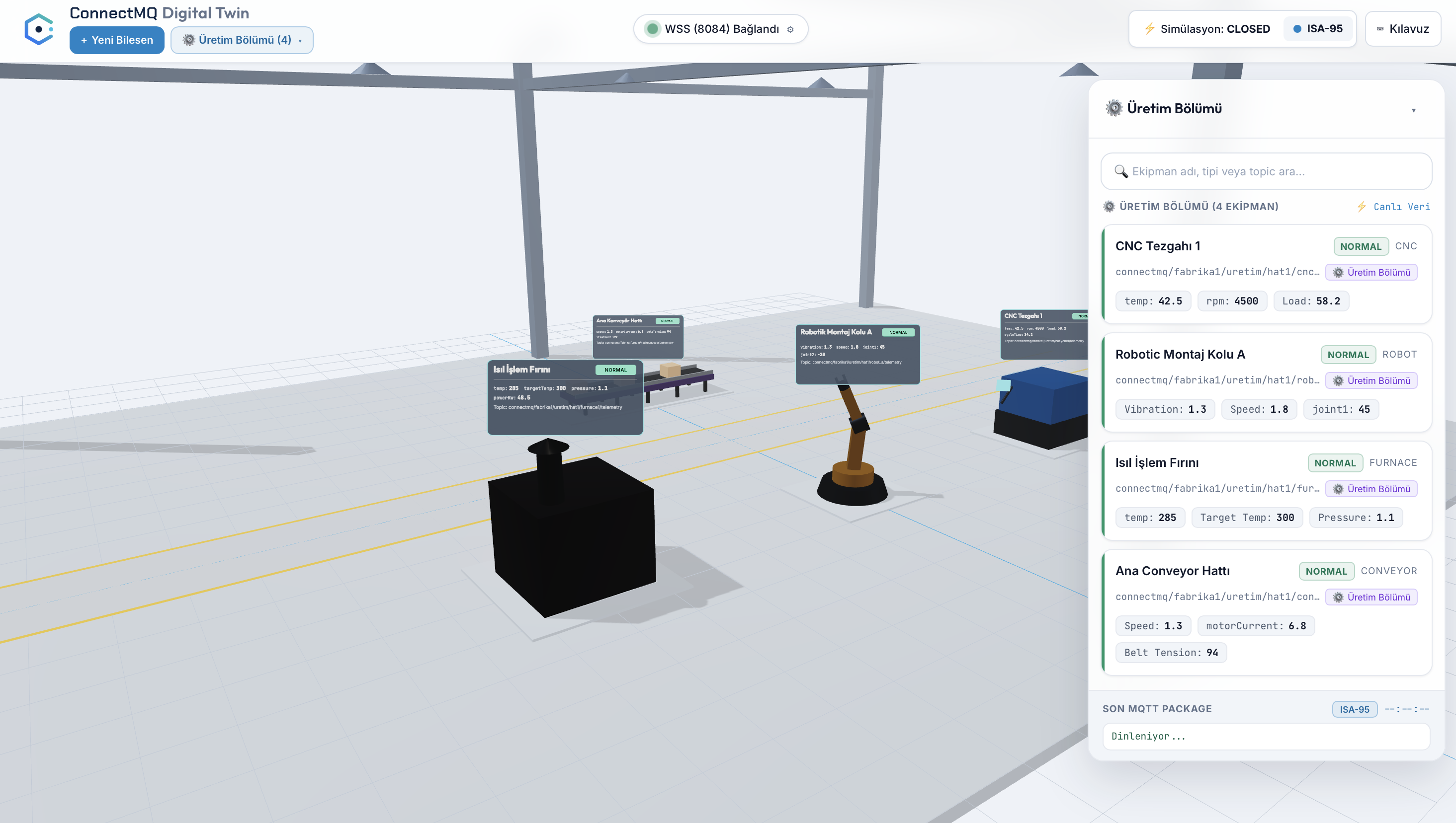 ConnectMQ Digital Twin showing a 3D factory floor with live machine telemetry
